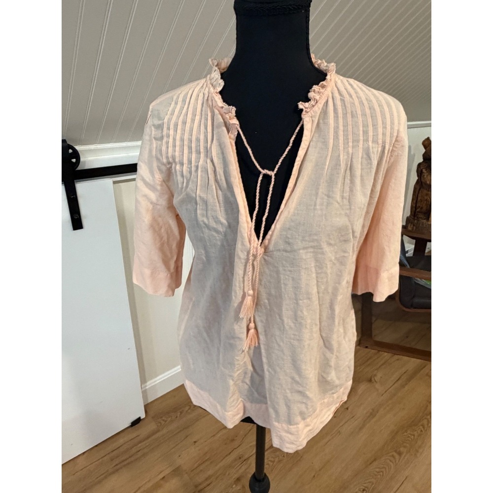 Faherty Organic Cotton Pintuck Blouse Peach Pink Tassel V-Neck Top Feminine M